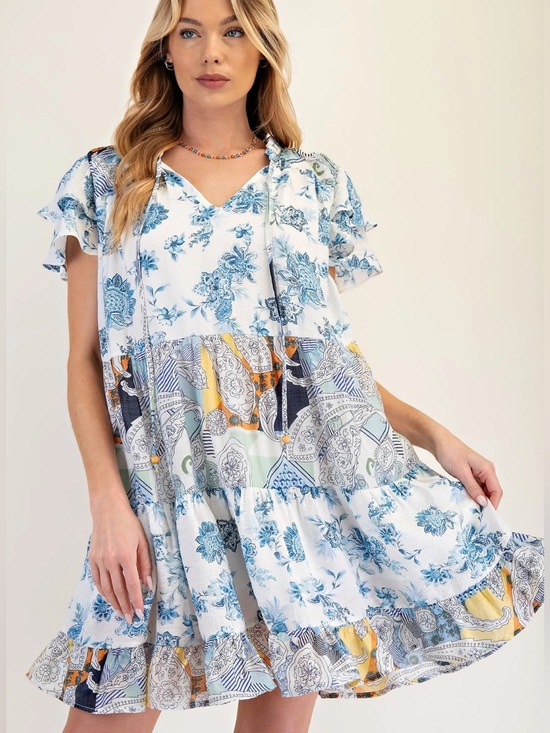 easel Dresses & Skirts - easel Blue Floral & Patchwork Tiered Mini Dress